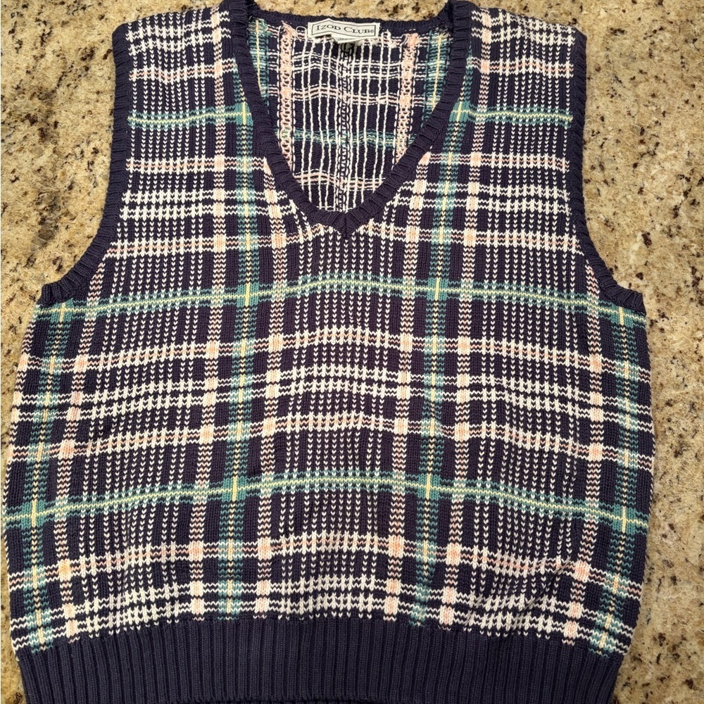 Vintage 90s Izod Club Navy and Cream Plaid Vest